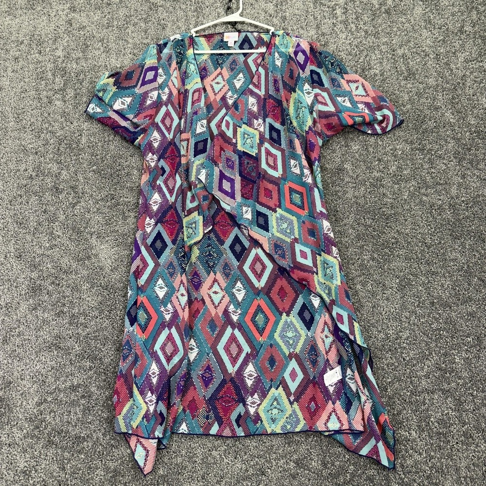 LuLaRoe Kimono Blouse Womens Medium Multicolor Geometric Short Sleeve Tunic